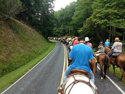 The Western North Carolina Wagon Train rounds a curve in Mineral Bluff, Ga., during this year’s summer ride.