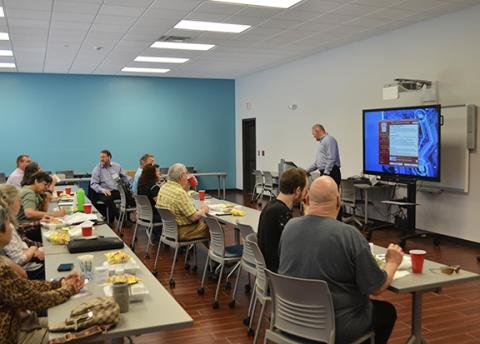 Abigail Blythe Batton/Staff Correspondent Stan Sargent, founder of Clear Winds Technology, prepares to teach a class on Cybersecurity as part of the Cherokee County Chamber of Commerce Lunch & Learn Series at Tri-County Community College on June 28.