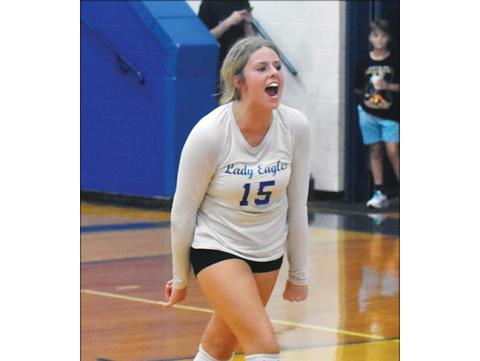 Justin Fitzgerald/ sports@cherokeescout.com Hiwassee Dam’s Olivia McNabb celebrates following a five set win over Andrews on Aug. 22.