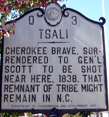 The original Tsali legend historical marker differs significantly in what the marker says today, which accurately states the Tsali story but did inspire the drama Unto These Hills.