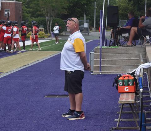 Justin Fitzgerald/sports@cherokeescout.com  Former Murphy athletic trainer Bob Grimes observes a 7-on-7 event at Western Carolina University on June 14. Grimes’ last day with Cherokee County Schools was on Aug. 31.