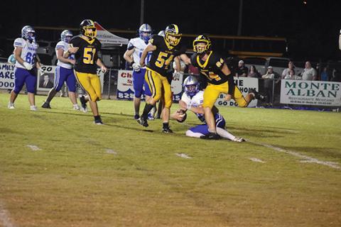 Justin Fitzgerald/sports@cherokeescout.com Murphy’s Camden Breazeale celebrates a fourth-quarter sack during the Bulldogs’ 21-14 win over Fannin County, Ga., on Friday night.