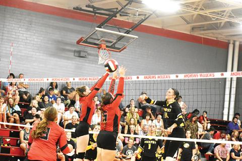 Justin Fitzgerald/sports@cherokeescout.com Murphy’s Maddison Seabolt tries to get the ball over the outstretched arms of Andrews’ Kylie Donaldson (left) and Carley Clark (right) during the Lady Bulldogs’ 3-0 win over the Lady Wildcats on Sept. 5.