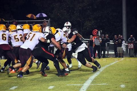 Justin Fitzgerald/sports@cherokeescout.com Andrews Samuel Preston fights for extra yards during the Wildcats’ 21-14 loss to Cherokee on Friday night.