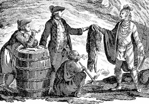 Traders obtaining pelts from Native Americans, a common scene in the Cherokee lands during the time of the Cherokee traders.
