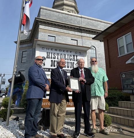 Randy Foster/editor@cherokeescout.com Cherokee County Manager Randy Wiggins, Commissioner Cal Stiles, retired county manager Ron Hill and Commissioner Randy Phillips (from left) pose outside the Cherokee County Historical Museum on Thursday.