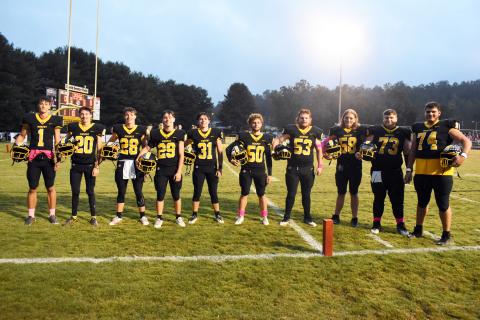 Photos by Kevin Hensley/The Graham Star Prior to the Oct. 6 game against Robbinsville, Murphy High School recognized its 2023 football seniors (from left): Zach Skogen, Matthew Stalcup, Hunter Stalcup, Trenton Russell, Will Joyner, Carson Lovingood, Lance Hawkins, Spencer Karageanes, Aiden Adams and Richard Queen.