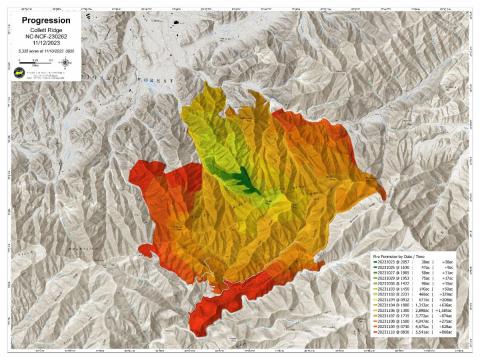 Progression map of Collett Ridge Fire, October 23 - Nov. 12, 2023.