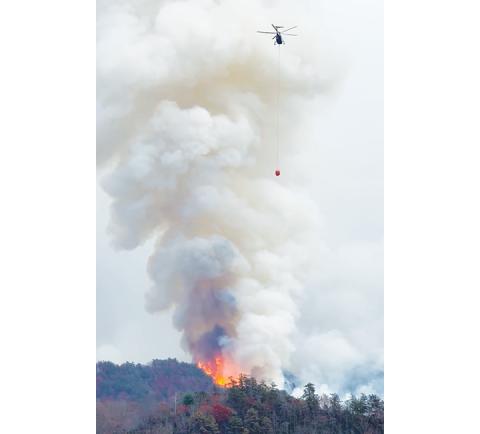Photos by Randy Foster/editor@cherokeescout.com Above: A heavy-lift helicopter prepares to drop water from a bucket on a hot spot in the Collett Ridge Fire east of Pisgah Road on Thursday. At right: Smoke from the fire shrouds the morning sun off of Junaluska Road on Sunday. Full page of photos, 9A.