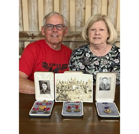 Dennis E. Murphy and Glenda Murphy Sanders show the World War II medals belonging to their father, Riley Murphy. The medals were discovered at a thrift sale and, with the support of the Union County Historical Society and the Old Unicoi Trail Chapter with Daughters of the American Revolution, they were returned to the family.
