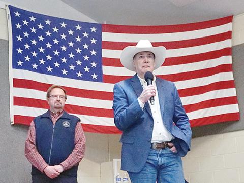 Randy Foster/editor@cherokeescout.com U.S. Rep. Chuck Edwards (left) and Republican primary challenger Christian Reagan appear at a debate in Brasstown on Saturday afternoon. 