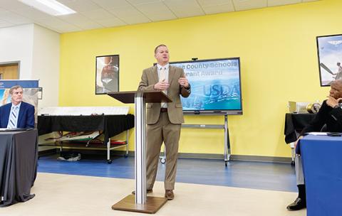 Randy Foster/editor@cherokeescout.com Jason Forrister, principal of Tri-County Early College, delivers remarks at the Schools of Innovation & Technology on Thursday to announce a $499,000 technology grant.