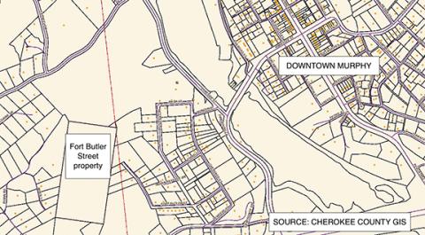 This map shows the location of a Fort Butler Street property being looked at for an affordable housing development, relative to its location to downtown Murphy.