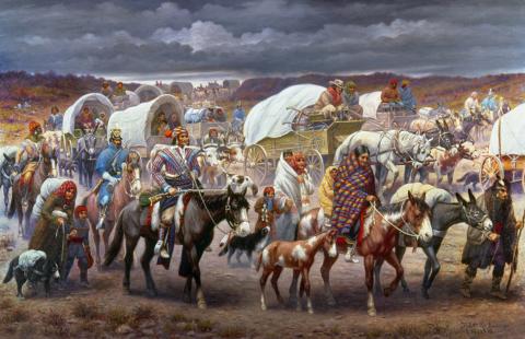 Robert Lindneux’s 1942 painting “The Trail of Tears” is held at the Woolaroc Museum in Bartlesville, Okla.