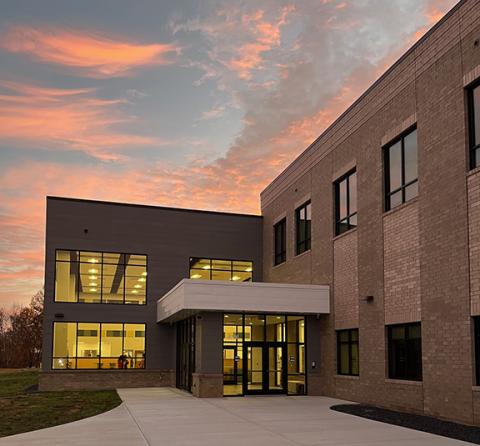The Cherokee County Schools of Innovation & Technol- ogy’s main entrance at sunrise in Peachtree.
