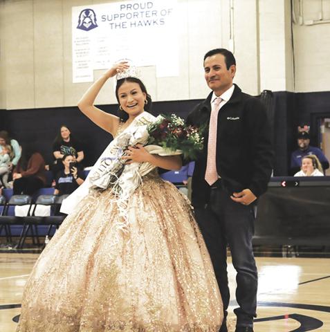 Cannon Crompton/sports@cherokeescout.com The 2024 Nantahala High School Homecoming Queen, Fatima Villagomez, celebrates with her father, Luis Villagomez, after wining the crown Friday night during the ceremony at halftime of the boys basketball game. Game story, page 2B.