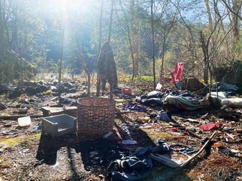 Photos by Randy Foster/editor@cherokeescout.com This homeless camp, located off of a U.S. Forest Service road beside the Hiwassee River near Murphy, seemed abandoned when volunteers went there as part of a “point in time” project to count homeless people living in Cherokee County on Jan. 31.