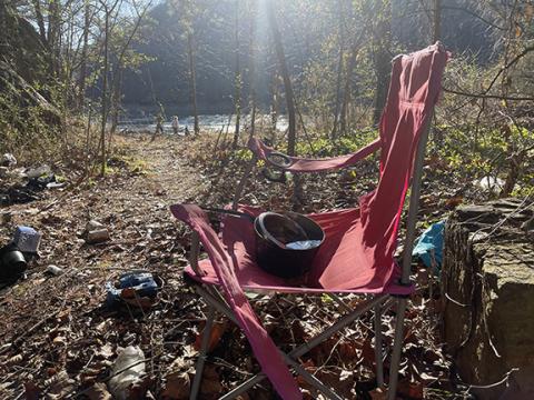 Photos by Randy Foster/editor@cherokeescout.com This homeless encampment beside the Hiwassee River near the town wastewater treatment plant was vacant and possibly abandoned when “Point in Time” volunteers visited it on Jan. 31.