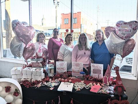 Reach of Cherokee-Graham County set up at Downtown Pizza in Murphy on Valentine’s Day to raise money for items not covered by grants and provide a friendly place to go during the holiday for anyone in an abusive relationship. From left are Lisa Stiles, shelter manager; Debra Mull, advocate; Amanda Hamby, WRC coordinator/court advocate; Alison Carpenter, Graham County advocate; and Judy Jackson, shelter supervisor.
