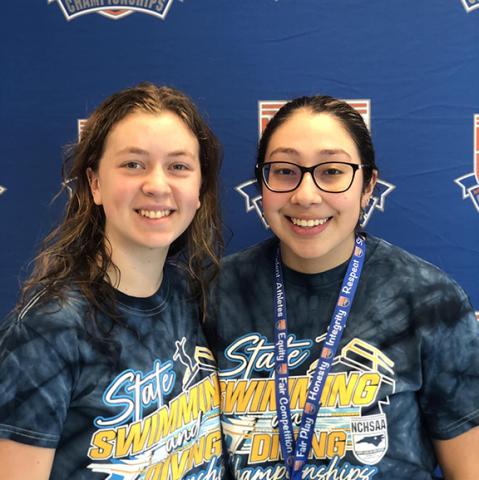 Tri-County Early College swimmers Fern Crayton and Ariana Rivas at the state championship on Feb. 9. 