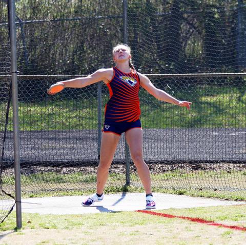 Photos by Cannon Crompton/sports@cherokeescout.com Tri-County Early College’s Jaden Crocker compete in discus, the event she won on March 20.