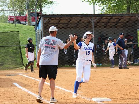 Cannon Crompton/sports@cherokeescout.com Hiwassee Dam’s Olivia McNabb rounds first base after hitting a leadoff homer for the first run of the game for the Lady Eagles on April 16.