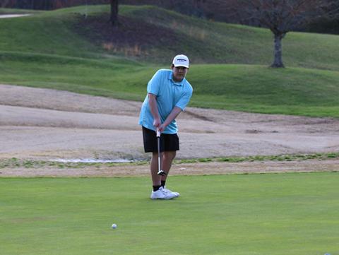 Cannon Crompton/ sports@cherokeescout.com Andrews’ Brady Queen rolls a putt toward the hole at Mountain Harbour Golf Club in Hayesville.