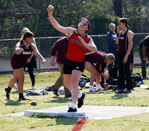 Cannon Crompton/sports@cherokeescout.com Alexis Beasley throwing in the shot put at their home meet at Andrews on March 20.