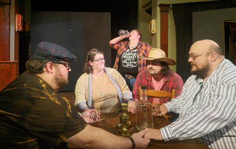 Nicole Wright/ Staff Correspondent Lone Star Spirits premieres at 7 p.m. Friday and Saturday at the Valleytown Cultural Arts Center in downtown Andrews. Cast members in the dinner play (from left) include (standing) Sarah Reynolds as Jessica; (seated) Philip Deckle as Ben; Taylor Swain as Marley; Cory Cheeks as Drew; and Brycham Reynolds as Walter.