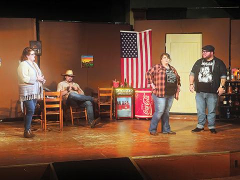 Nicole Wright/Staff Correspondent  From left are Taylor Swain as Marley, director Cory Cheeks as Drew, Sarah Reynolds as Jessica and Philip Dekle as Ben in Lone Star Spirits, the last show of the spring season at the Valleytown Cultural Arts Center.