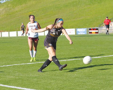 Cannon Crompton/sports@cherokeescout.com Murphy senior Lailee Holloway takes one of her six shots on goal against Swain County on Thursday. 