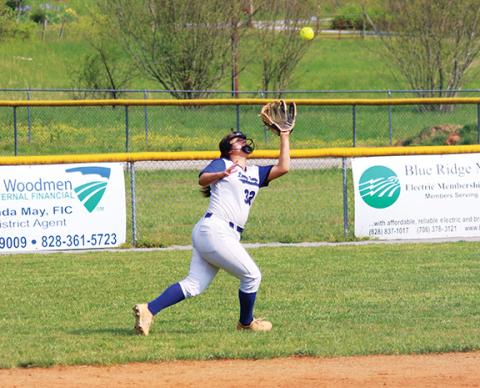 Cannon Crompton/sports@cherokeescout.com Sky Taylor catches a fly ball in shallow right-centerfield Friday in Hiwassee Dam’s 11-4 win against Cherokee.