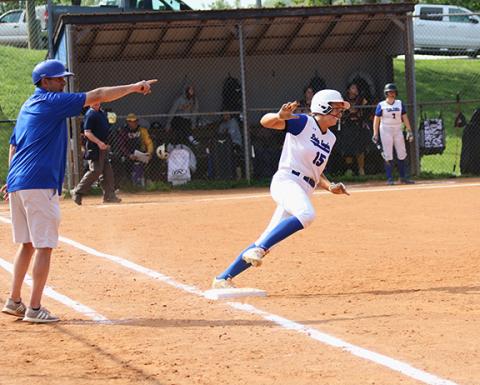 Cannon Crompton/sports@cherokeescout.com Olivia McNabb rounds first base as her coach tells her to head to second during their game against Cherokee on April 26. 