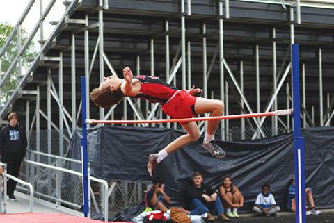Cannon Crompton/sports@cherokeescout.com  Andrews’ Logan Shuler in the high jump event that he won with a jump of 6-foot-4, beating the next closest competitor by more than a foot at the meet on April 24.
