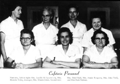 These are some of the best cooks who ever stirred the pots. They were the school lunchroom ladies when the cafeteria was located in the pines next to the two-story Andrews Elementary School. Shown are (front row from left) Lucille Kilpatrick, Blanche Wyke, Winnie Jones, (back) Ethel Hall, Annie Rogers, Edna Trull and Ruth Palmer.