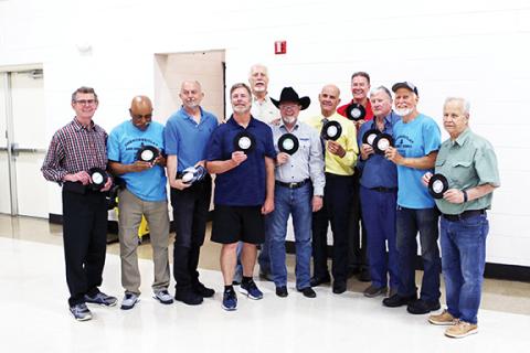 Cannon Crompton/sports@cherokeescout.com The group of men who broke local records at the 2024 Cherokee-Clay County Senior Games. A total of 11 were in attendance, but 23 men broke 37 records. From left are Jerry Leslie, Eddie Walker Jr., Mark Smutz, Jack Barnes, Joe Proper, Tony Schneidt, Gary Preisser, Ray Smith, David Baumann and John Sias.