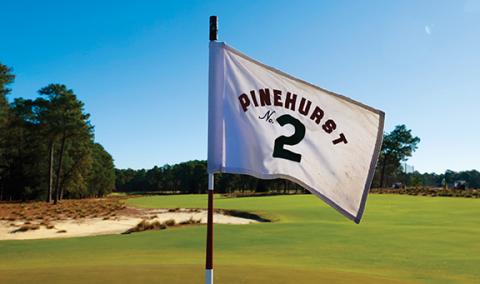  Jason E. Miczek/USGA  A detailed view of the hole 18 flag on course No. 2 is seen before the USGA Partner Summit at Pinehurst Country Club in Pinehurst on Oct. 23, 2023.