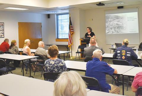 Bill Belian/ Contributing  Photographer  Guest speaker and meteorologist Jennifer Narramore speaks during a special Tornado Talk meeting at the Murphy Fire Department on Thursday afternoon.