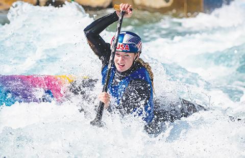 Marc Hunt/Contributing Photographer Swain County native Evy Leibfarth competes during the 2024 U.S. Canoe Slalom Olympic Team Trials in Montgomery, Ala. She went on to earn a spot on Team U.S.A. to compete in her second Olympic Games in Paris.