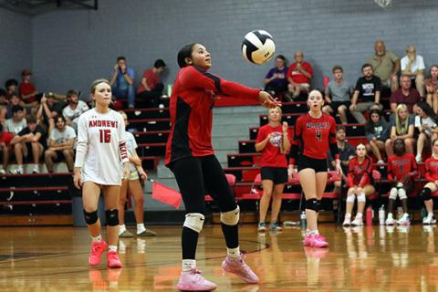 Cannon Crompton/sports@cherokeescout.com Chanteah Rattler does a bump pass, setting up her teammates in the match against Highlands on Aug. 13.