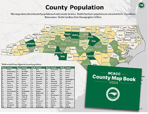A page from the N.C. Association of County Commissioner’s 2024 edition of its annual County Map Book (cover, inset).