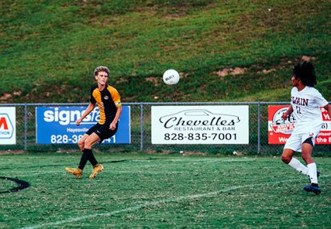 Katina Zenobi/Contributing Photographer Murphy midfielder and forward Tyler Payne receives a through ball in Monday’s 1-0 loss at home against Swain County. So far this season, Payne has one assist. Last season, Payne recorded 10 goals, seven assists and 49 steals in 15 games.