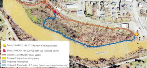 This map shows the proposed River Walk boardwalk along the Hiwassee River in Murphy.