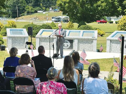 David Brown/dbrown@cherokeescout.com Vance Patterson, founder of Foundation Forward Inc., shares why he believes bringing replicas of the Charters of Freedom to counties like Cherokee helps our country during a rededication at Konehete Veterans Park on Aug. 28.