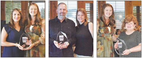Photos by Bill Belian/Contributing Photographer Left: Becca McNabb with chamber of commerce Executive Director Victoria Ivie. Middle: Hoppy Trout owners Corey and Kam Thompson. Right: Jeanie Setser Teague, secretary-treasurer of the Peachtree Community Development Club, with Ivie.