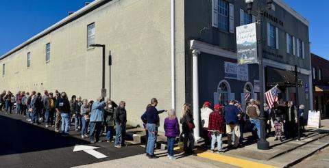 Around lunchtime Thursday, the first day of early voting for the 2024 General Election, around 80 people were waiting in line in Downtown Murphy at the Cherokee County Board of Elections office off Peachtree Street.