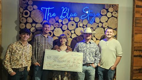 Nicole Wright/Staff Correspondent The Fabulous Five contestants of Andrews Idol season 3 at The Blue Stage are (from left) Korben Towe; Logan Neff; winner of $1,000 Gray Todd; Stone Chauncey; Sam Kephart. Stone Chauncey took second place with $500, while the other three took $250 each. 