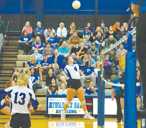 Cannon Crompton/sports@cherokeescout.com Brinkley Payne of Hiwassee Dam goes up for a kill against Murphy on Oct. 22.