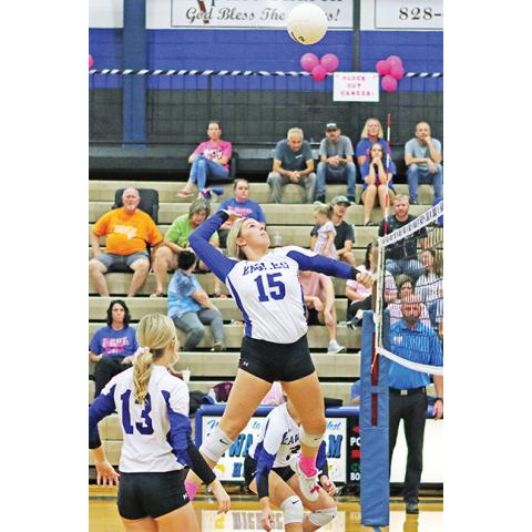 Cannon Crompton/sports@cherokeescout.com Hiwassee Dam senior Olivia McNabb goes up for a kill during the Lady Eagles’ match against Highlands on Thursday.