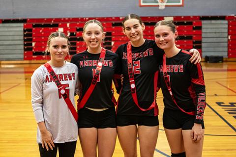 Cannon Crompton/sports@cherokeescout.com The Andrews High School volleyball seniors were honored prior to their match against Hayesville on Oct. 8. The seniors are (from left) Allie Gibson, Kylie Donaldson, Beth Shook and Caitlynn Thompson.